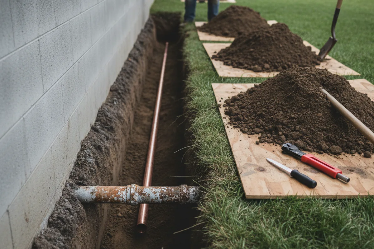 Excavated water line trench during Water Softener Installation in Woodbine